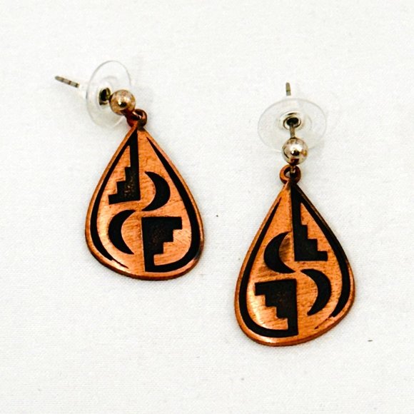 Vintage Solid Copper Etched Southwestern Moon Niello Dangle - Picture 4 of 6